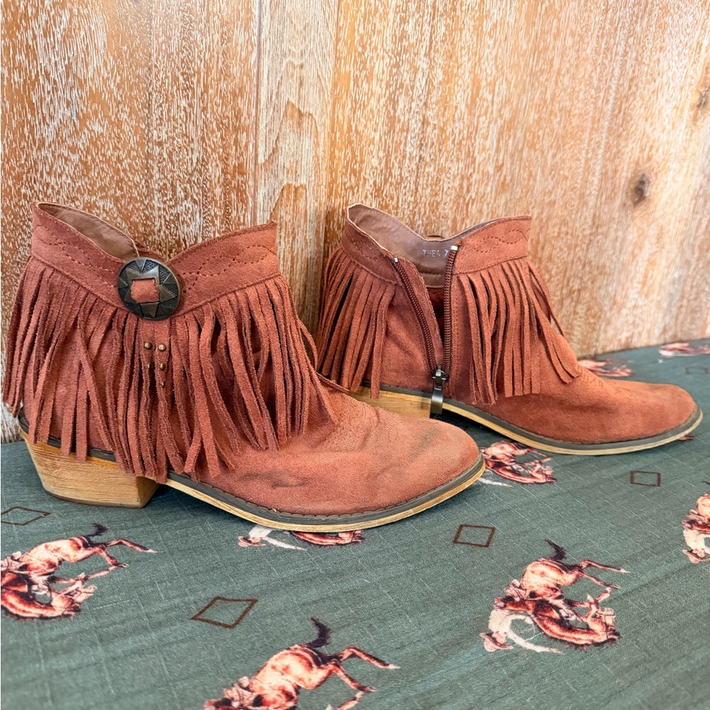 Fringe Suede Ankle Boots - Size 7